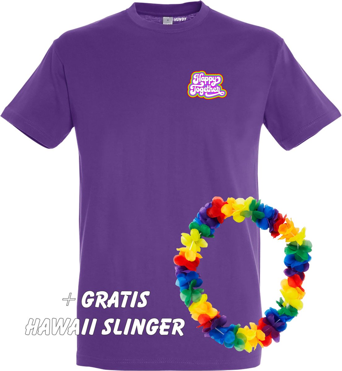 T-shirt Happy Together Regenboog klein | Toppers in Concert 2022 | Toppers kleding shirt | Flower Power | Hippie Jaren 60 | Paars | maat XL